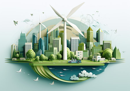 Ecology concept, green city with wind turbine. Vector illustration.の素材