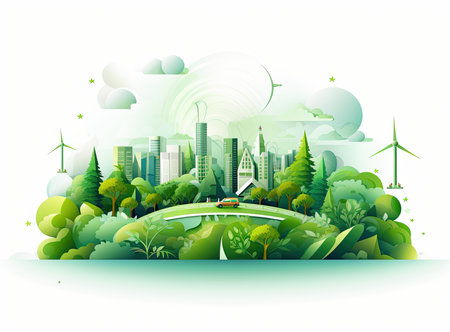 Ecology cityscape with green trees and wind turbines. Vector illustration.の素材