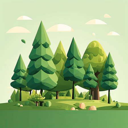 Pine trees in the forest. Vector illustration, flat style.の素材