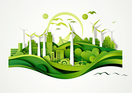 Ecology concept with green city and wind turbines. Vector illustration.の素材