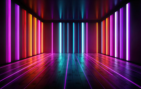 3d rendering of a bright room with neon lights and empty spaceの素材