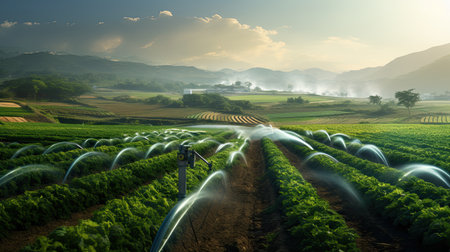Agricultural landscape with water sprinklers in the morning, Thailandの素材