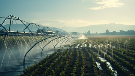 Irrigation system watering the rows of vegetables in the field.の素材