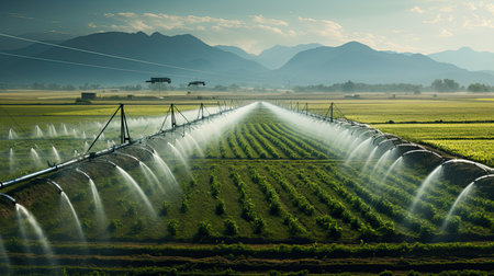 Sprinkler irrigation system in the field with mountains in the backgroundの素材