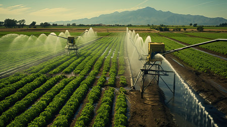 Sprinkler spraying water on a field of lettuce with mountains in the backgroundの素材
