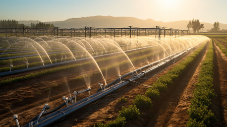 Sprinkler system watering agricultural field in the morning,Thailandの素材