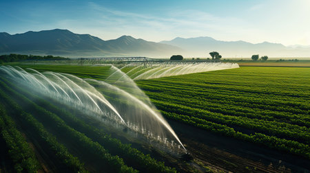 Sprinkler irrigation system in agricultural field. Sprinklers in the field.の素材