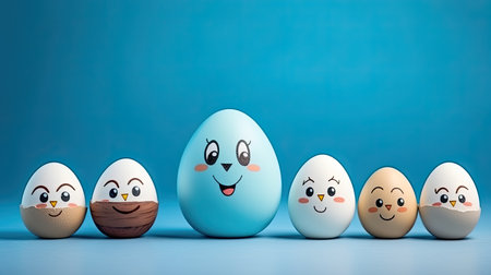 Happy easter eggs with cute faces on blue background. 3d illustrationの素材