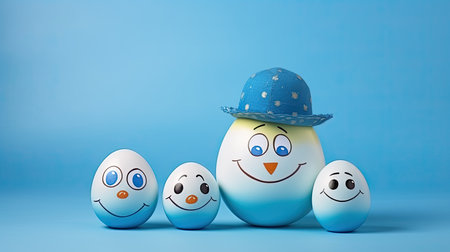 Easter eggs with smiley faces and blue hat on blue backgroundの素材