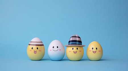 Easter eggs with happy faces on blue background. Happy easter concept.の素材