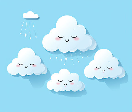 Cute cartoon cloud with rain and raindrops. Vector illustration.の素材
