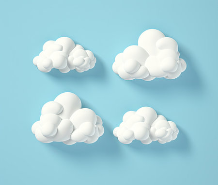 Clouds isolated on blue background. 3D illustration. Top view.の素材