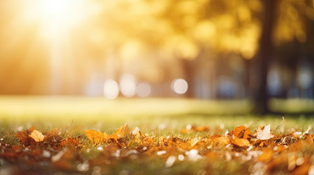 Autumn leaves on the grass in the city park. Nature backgroundの素材