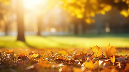 Autumn leaves on the grass in the park. Nature background.の素材
