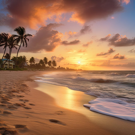 Beautiful sunset on a tropical beach with palm trees and sand.の素材