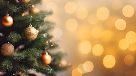 Christmas tree with golden baubles on bokeh background, closeupの素材