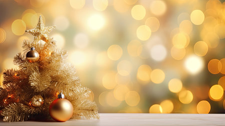 Christmas and New Year background with golden christmas tree and bokeh lightsの素材