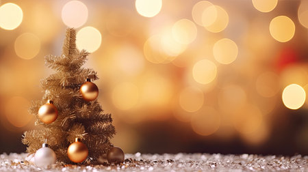 Christmas tree with golden baubles and bokeh background.の素材