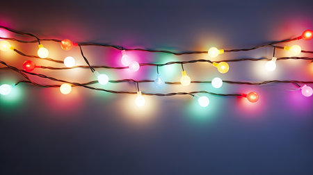 Colorful Christmas lights on blue background. Xmas Holiday glowing garland.の素材