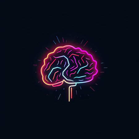 Neon brain icon on dark background. Brainstorming concept. Vector illustrationの素材