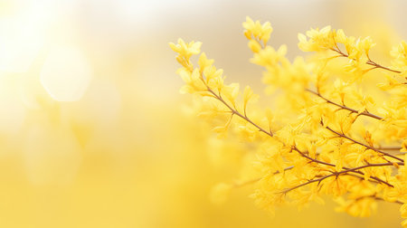 Branch of yellow forsythia flowers on bokeh backgroundの素材
