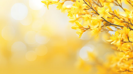 Blossoming branch of yellow forsythia with bokeh backgroundの素材