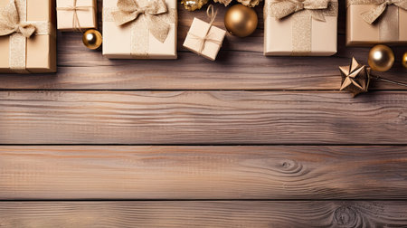 Christmas gift boxes on wooden background. Top view with copy space.の素材