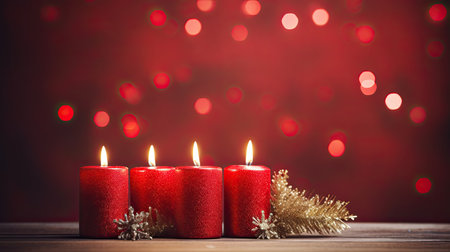 Christmas candles on red bokeh background with copy space for textの素材