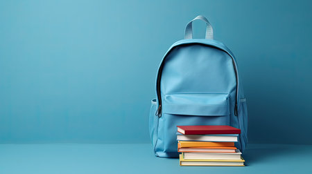 Blue school backpack with books on blue background. Back to school conceptの素材