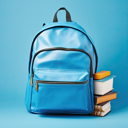 Blue backpack with books on blue background. Back to school concept.の素材