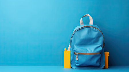 Blue backpack and yellow notebook on blue background. Back to school concept.の素材