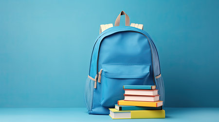 Blue backpack with books on blue background. Back to school concept.の素材