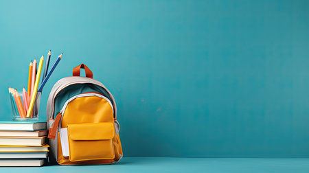 Back to school concept with backpack, books and pencils on blue backgroundの素材