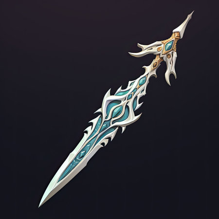 3d rendering of a fantasy sword with a blue pattern on a black backgroundの素材