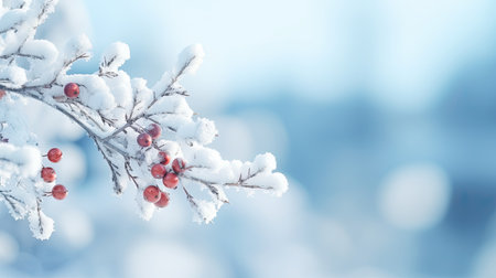 Winter background with snow-covered branches of a Christmas tree and red berriesの素材