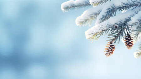 Fir tree branch covered with snow and pine cones on blue backgroundの素材