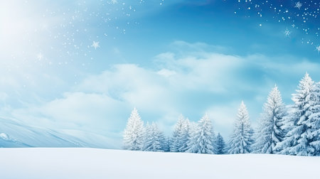 Winter landscape with snowy fir trees and blue sky. Vector illustration.の素材