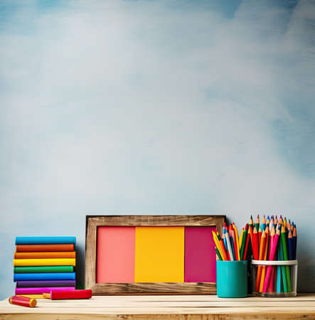 School supplies on wooden shelf in front of blue wall with copy spaceの素材