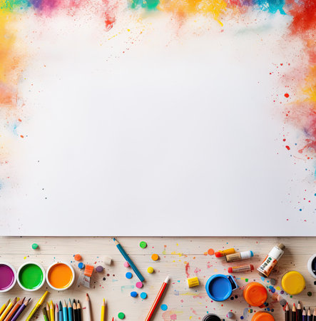 Artist workspace with blank paper and colorful paint splashes. Top view with copy spaceの素材