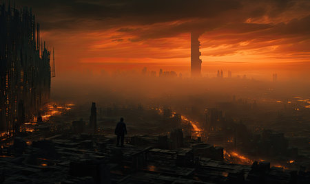 Silhouette of a man standing on the edge of a city at sunsetの素材