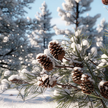 Pine branches covered with snow in winter forest. Christmas background.の素材