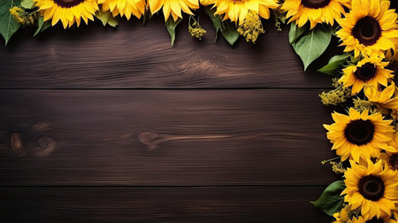 Beautiful sunflowers on wooden background. Top view with copy spaceの素材