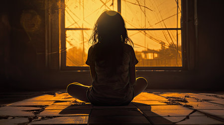 Silhouette of a girl sitting on the windowsill at sunsetの素材