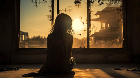 Silhouette of a girl sitting on the windowsill at sunsetの素材