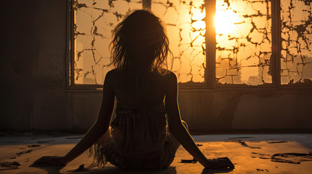 silhouette of a girl sitting on the windowsill at sunsetの素材