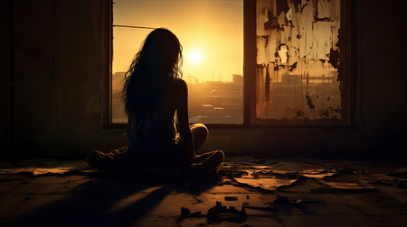 Silhouette of a girl sitting on the floor in front of the window at sunsetの素材