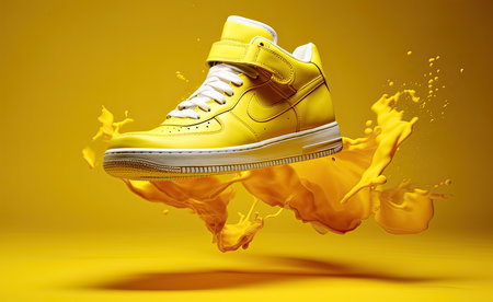 Yellow sneaker on a yellow background with splashes. 3d renderingの素材