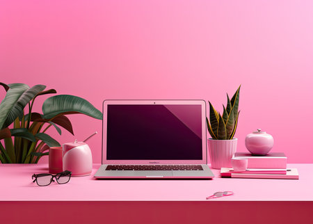 Minimal workspace with laptop, stationery and plant on pink background. 3D Renderingの素材