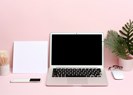 Laptop computer with blank screen, smartphone and plant on pink backgroundの素材
