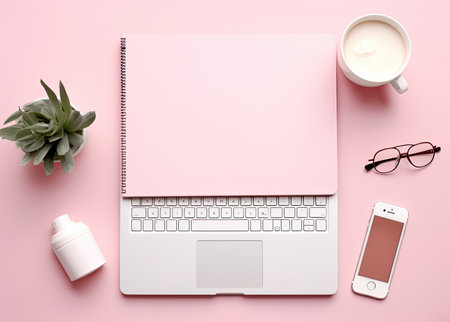 Laptop, smartphone, coffee cup and succulent on pink backgroundの素材